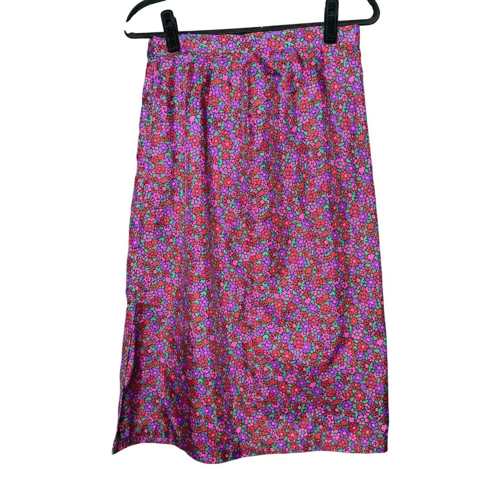 Vintage flower power Chiffon Skirt MED Multicolor Pleated Midi Lined Slit Boho